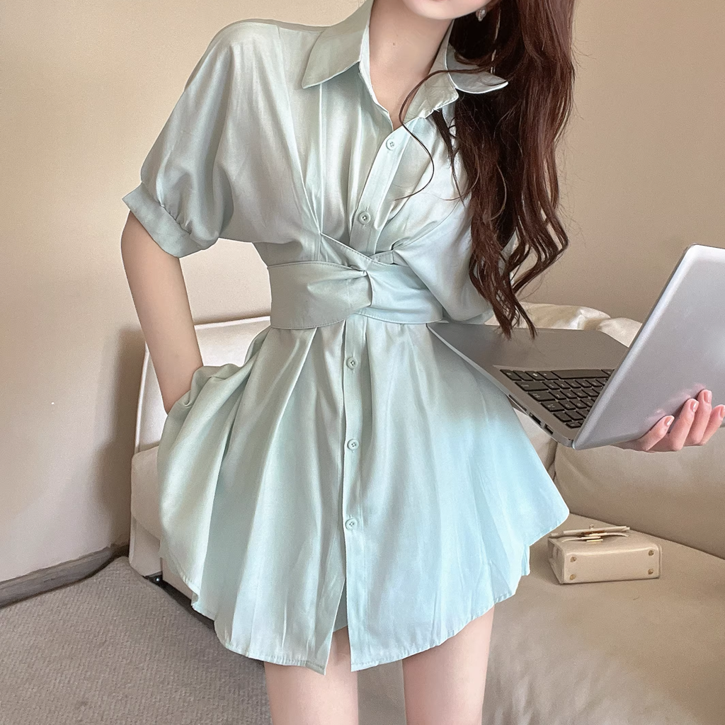 Waist-Tie Lace-Up Short-Sleeved Shirt Dress