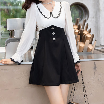 Lace Edge Doll Collar Color-Blocked Long-Sleeved Dress