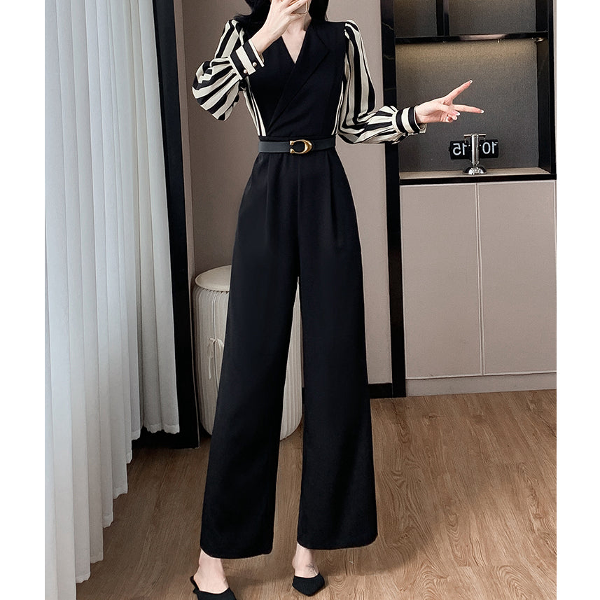 Striped Long-Sleeved V-Neck High-Waisted Wide-Leg Jumpsuit