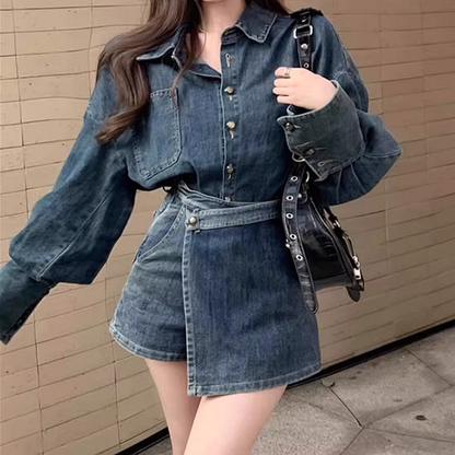 Retro Denim Jacket Irregular Skirt Set