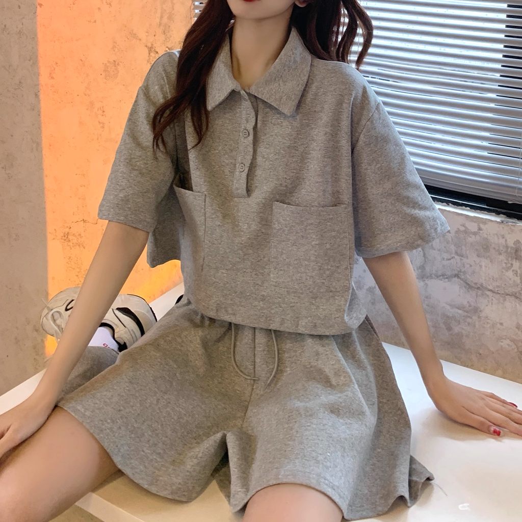 Button Loose Top Elastic Waist Shorts Oversized Set