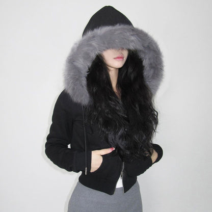 Furry Hooded Warm Zippered Short Jacket Top