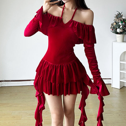 Ruffled Ribbon Long Sleeve Off-Shoulder Dress