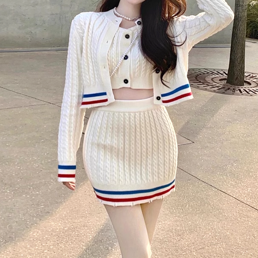 Striped Cardigan Buttoned Knitted Vest Skirt Set