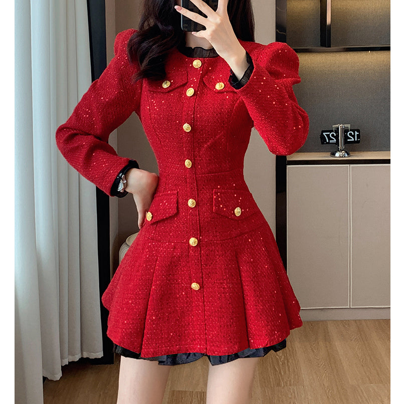 Single-Breasted Long-Sleeved Elegant Red Dress