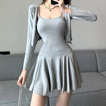 Waist Pleated Cami Dress Long-Sleeved Cardigan Set