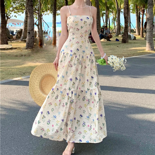 Floral Print Holiday Vacation Suspender Dress