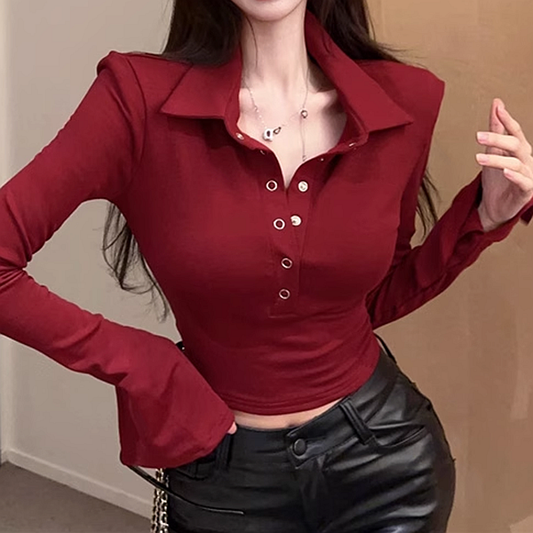 Buttoned Lapel Long Sleeve Slim Fit T-Shirt Top