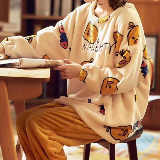 Round-Neck Coral Fleece Warm Cartoon Pajamas Set