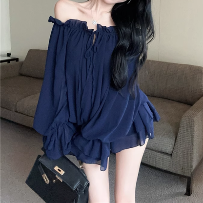 Chiffon Lantern Sleeve Loose Pleated Dress