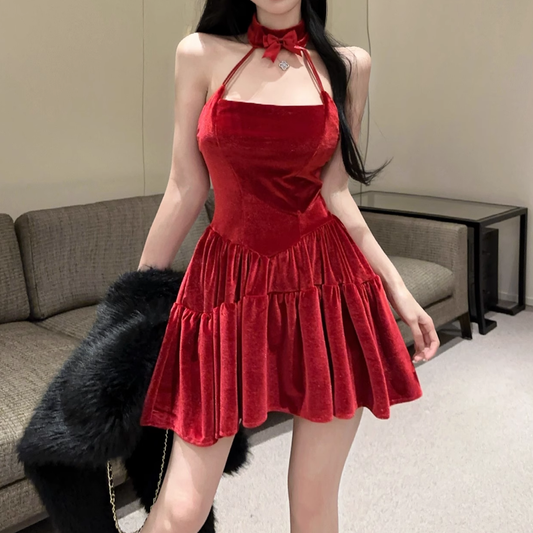 Backless Velvet Red Party Dance Pleated Dress