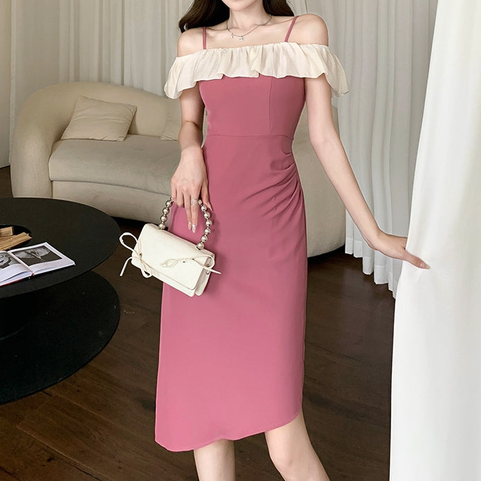 Ruffled Off-Shoulder Irregular Strap Dress