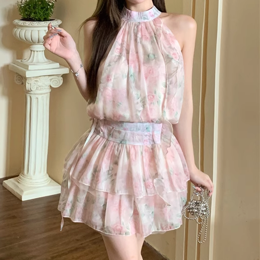 Sleeveless Flower Ribbon Top High Waist Cake Skirt Set