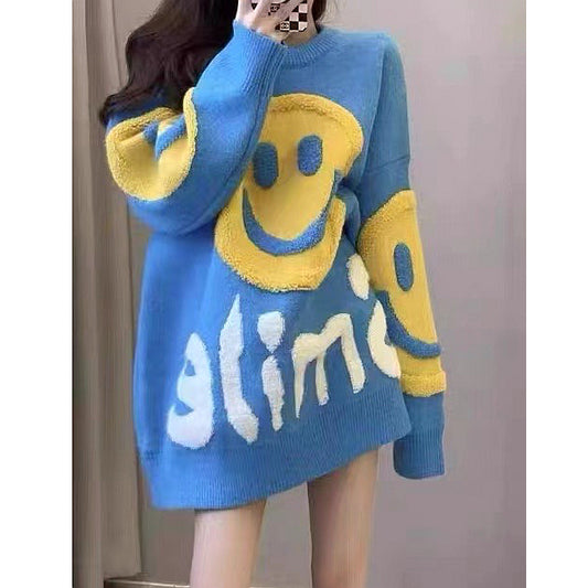 Loose Smiley Crew Neck Sweater Top