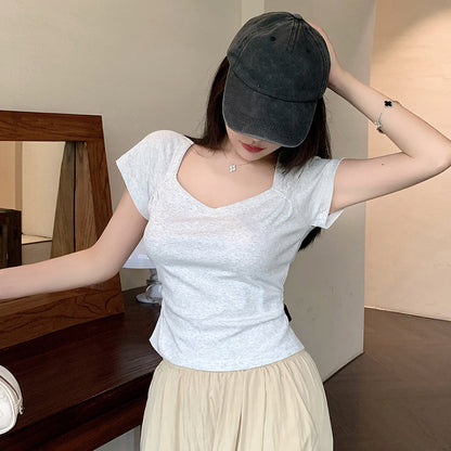 Irregular Square Neck Solid Color Slim T-Shirt