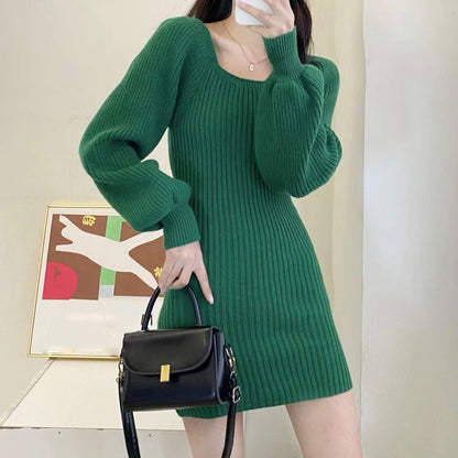 Loose Square Neck Knitted Sweater Dress