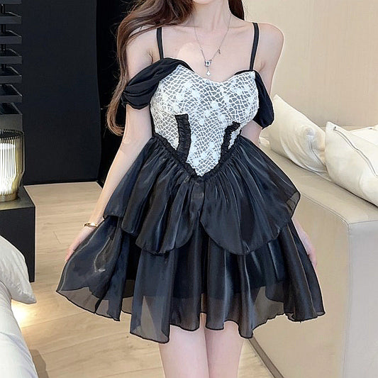 Mesh Multi-Layer Ruffled Waist Fluffy Dress