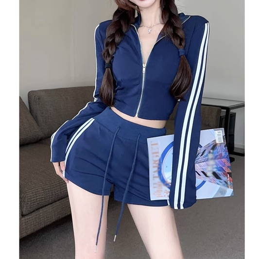 Long-Sleeve Striped Zip Top Stretch Shorts Set