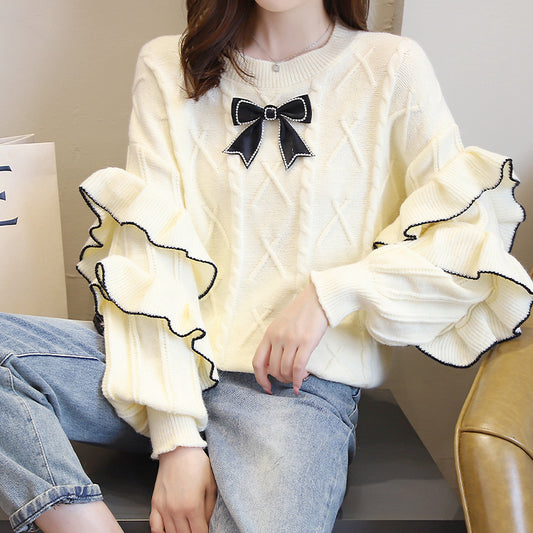 Round Neck Ruffled Bow Knitted Sweater