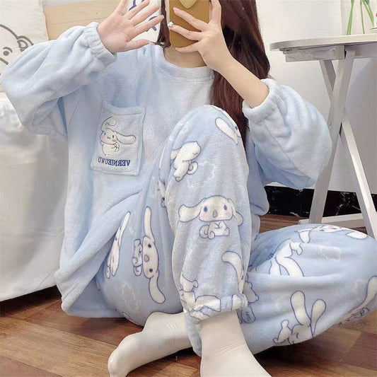 Cartoon Coral Fleece Round Neck Warm Pajamas Set