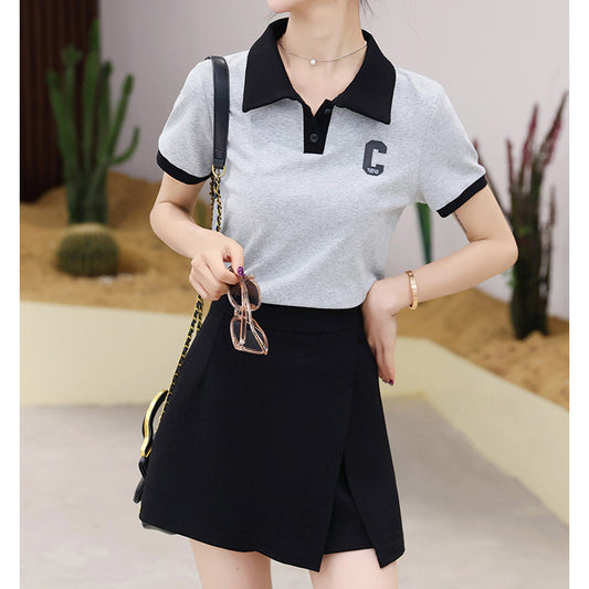 Polo Collar Letter Short-Sleeved T-Shirt Slit Skirt Set