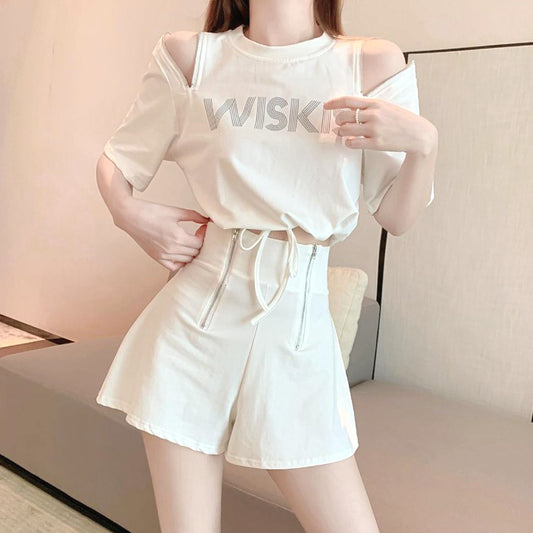 Off-The-Shoulder Zipper T-Shirt Wide-Leg Shorts Set