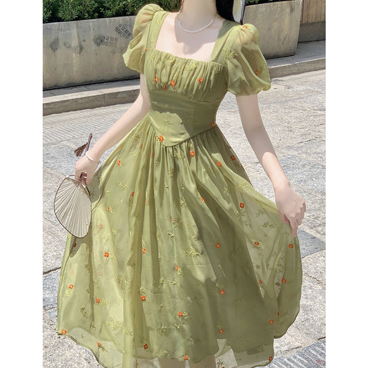 Square Neck Chiffon Neck Puff Sleeve Long Dress