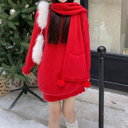 Loose Round Neck Long Christmas Scarf Sweater