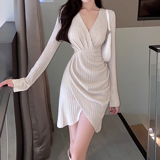 Brushed V-Neck Long Sleeve Irregular Slim Dress