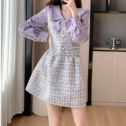 Elegant Purple Tweed Colorblock Dress