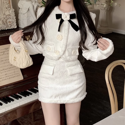 Flower Bow Plush Coat Skirt Elegant Set