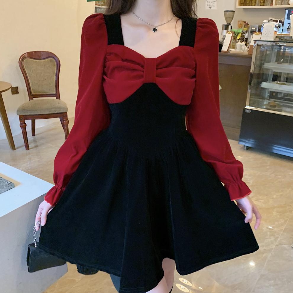 Oversized Bow-Paneled Velvet Long-Sleeve Dress