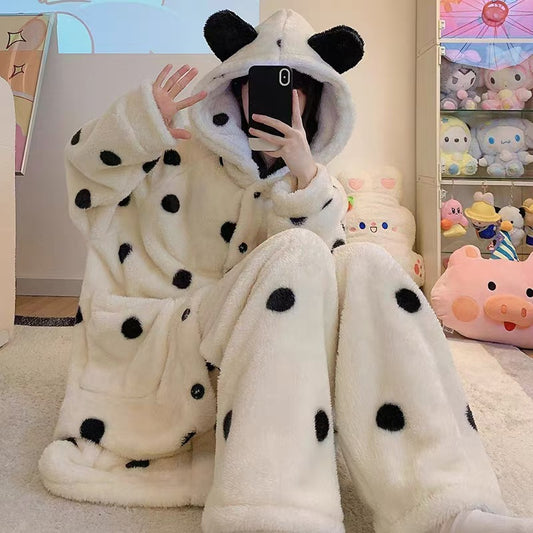 Polka Dot Hooded Coral Fleece Warm Long Robe