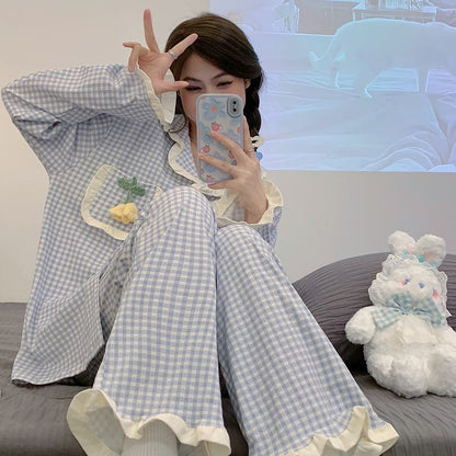 Floral Plaid Ruffle Collar Casual Home Pajamas Set