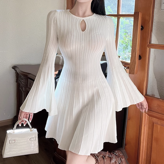 Hollow Wide Sleeve Round Neck Slim A-Line Dress