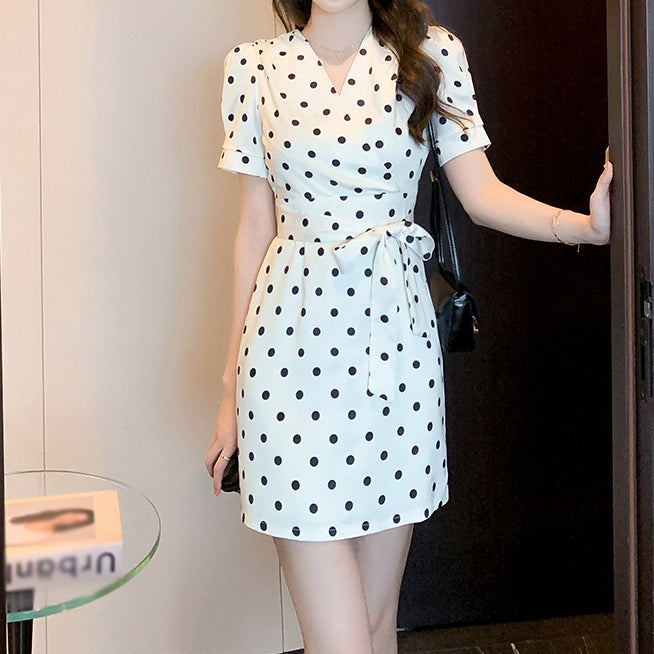 Polka Dot V-Neck Slim Puff Sleeve Lace-Up Dress