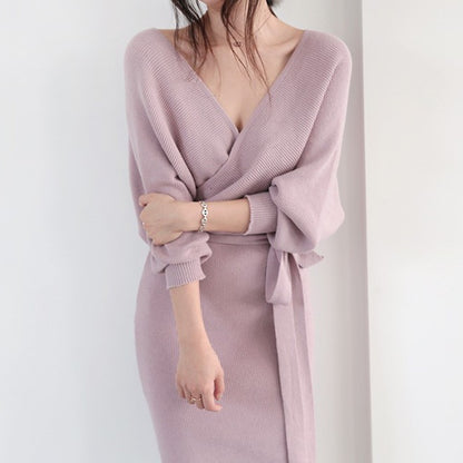 V-Neck Lace-Up Long-Sleeve Knitted Dress