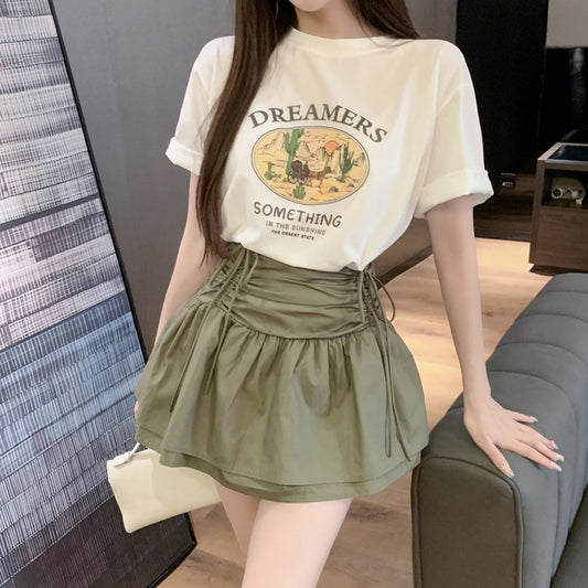 Round Neck T-Shirt Pleated Drawstring Bow Skirt Set