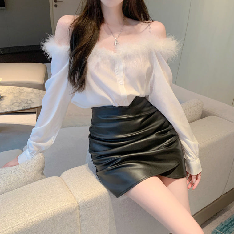 Raw Edge Long-Sleeved Shirt Leather Skirt Set