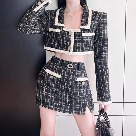 Plaid Long Sleeve Short Jacket Slit Belt Skirt Set