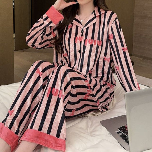 Pink Vertical Striped Velvet Pajamas Set