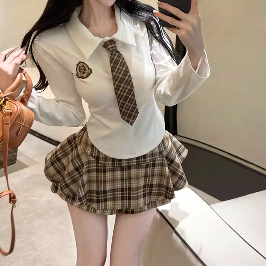 Slim Long-Sleeved T-Shirt Tie Plaid Skirt Set