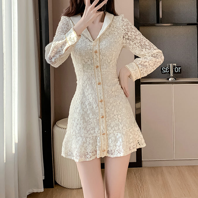 Lace Lapel Single-Breasted Floral Dress