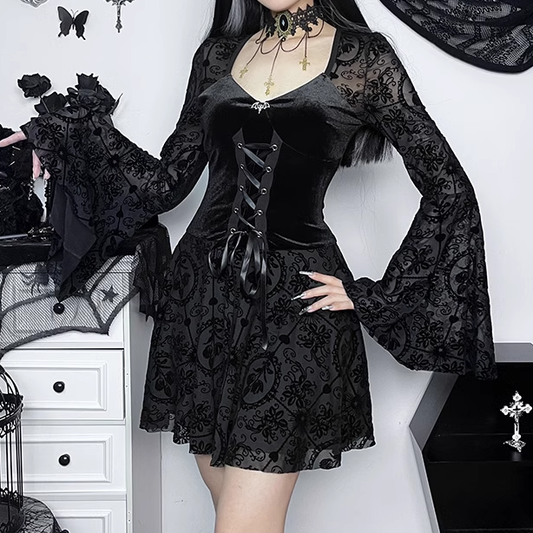 Velvet V-Neck Tie Halloween Long Sleeve Dress