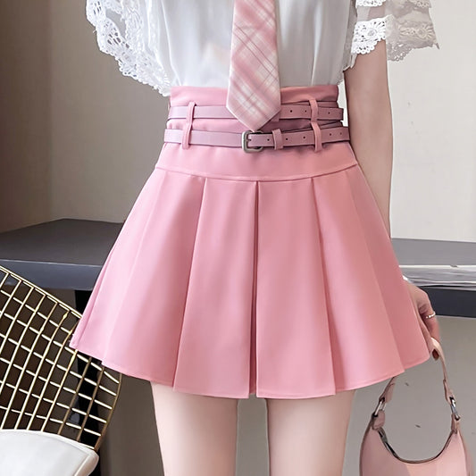 Double Belt High Waist Solid Color Pleated Skirt