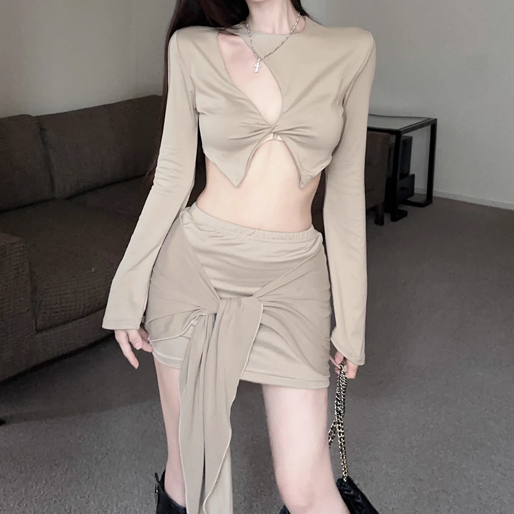 Irregular Hollow Slim-Fitting Top Ribbon Skirt Set