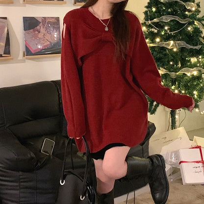 Red Bow Off-Shoulder Christmas Sweater Dress