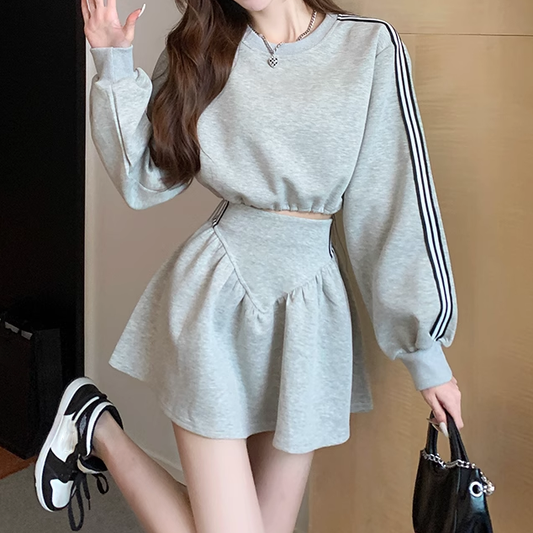 Striped Short Sweatshirt High Waist A-Line Skirt Set