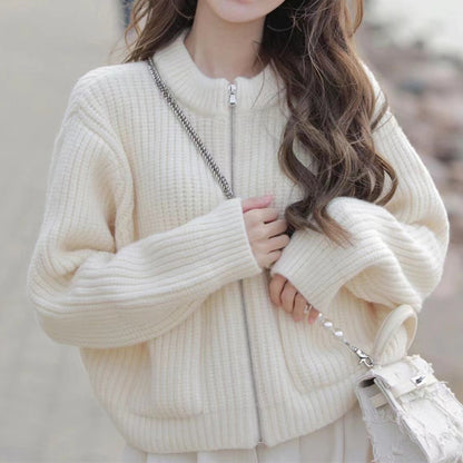 Zipper Knit White Sweater Cardigan Top