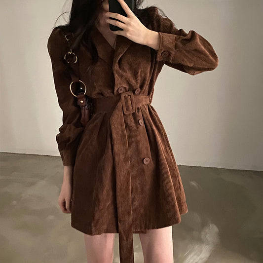 Double Breasted Corduroy Belt Suit Dress